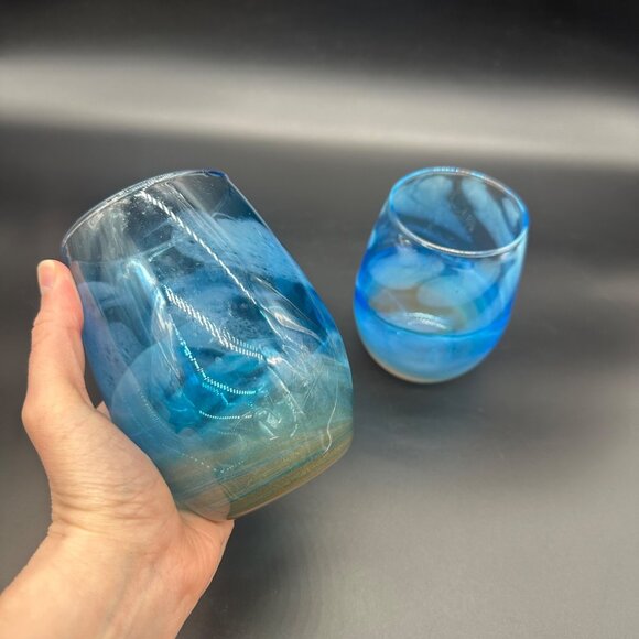 Stemless Wine Glasses Abstract Beach Blue Sandy Brown Nautical Cups Tumblers - Picture 7 of 8